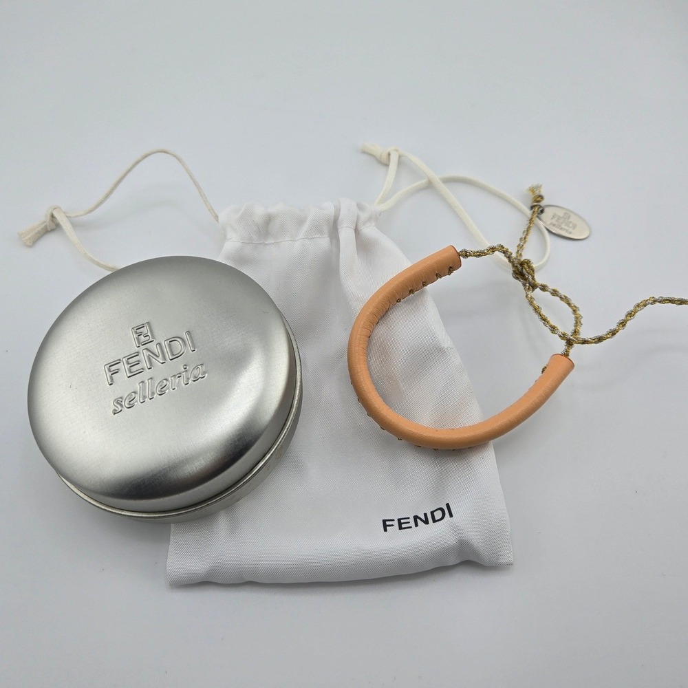 Fendi Selleria Leather Whipstitch Adjustable Bracelet Peach Gold Silver Charm - Picture 8 of 8